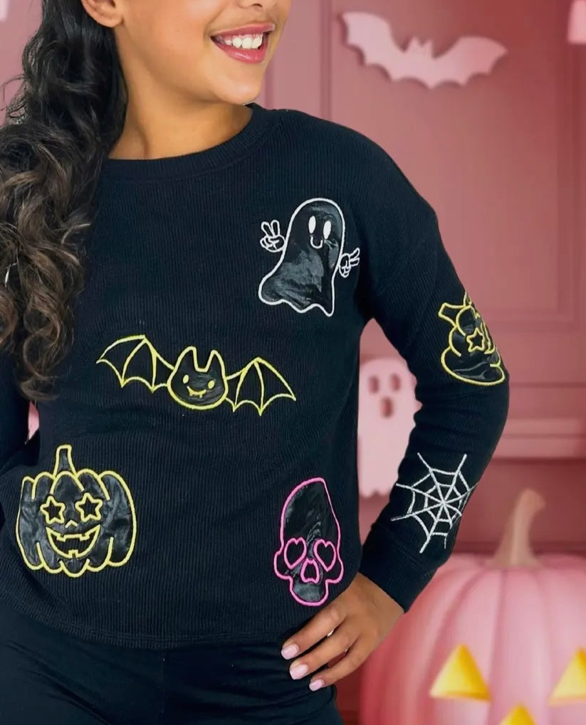 Spooky Appliqué Top-Glitter Halloween Long Sleeve