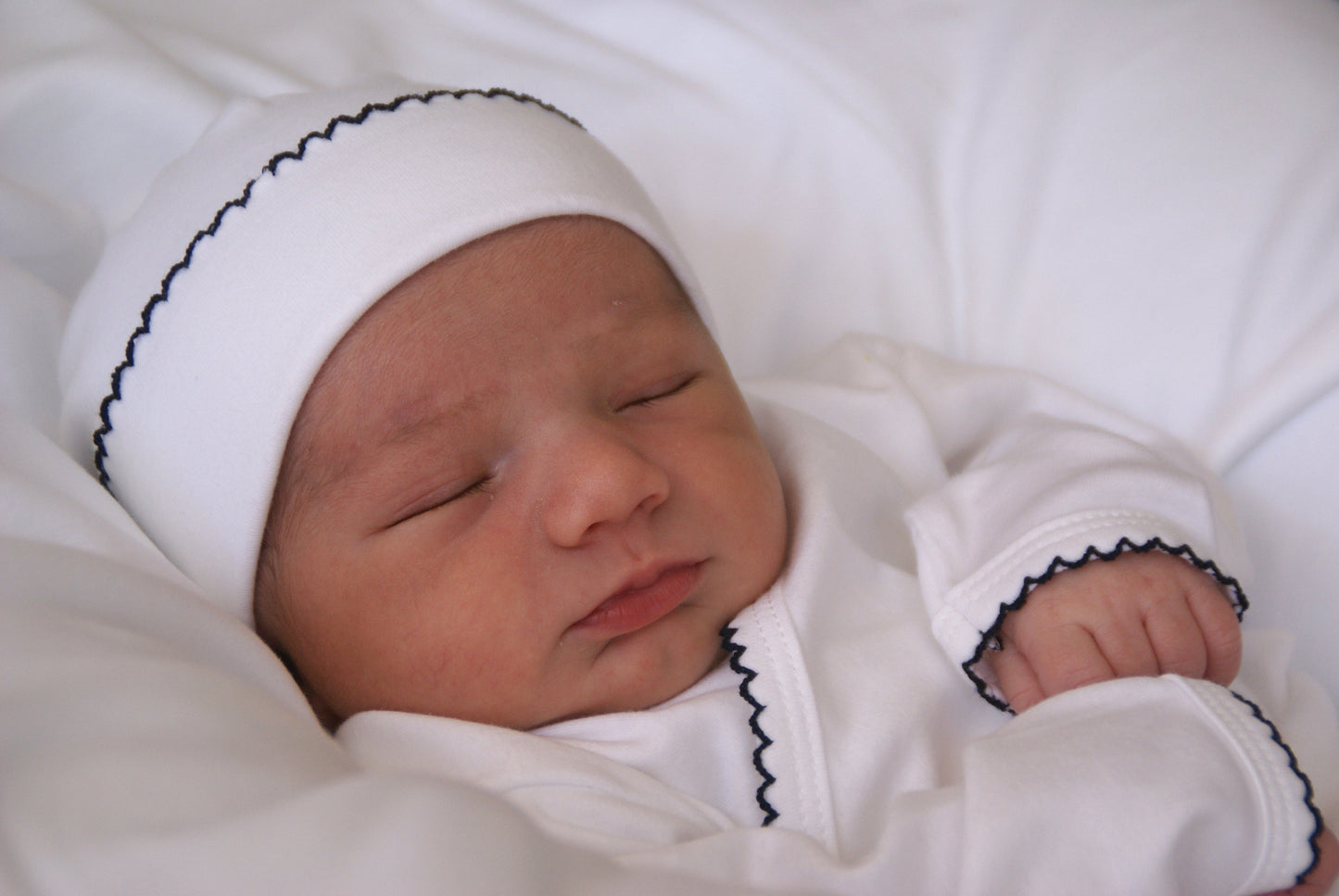 White 3 Piece Footed Take Me Home Set-Pink, Blue or Navy Picot Trim