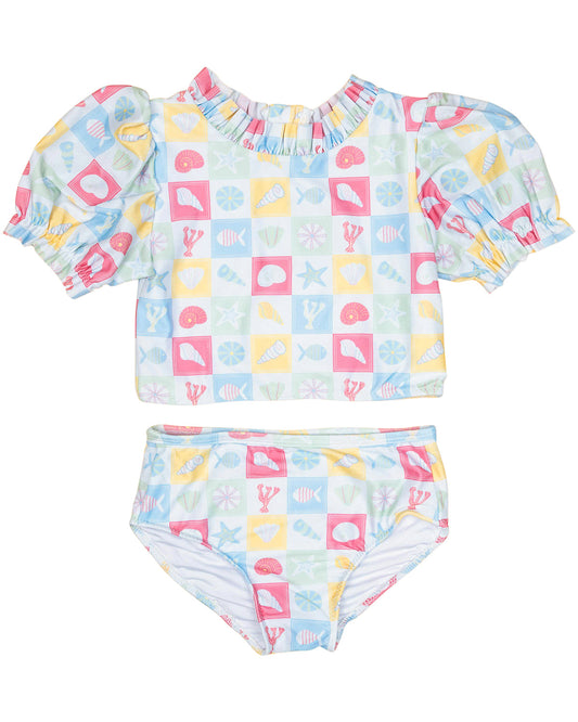Coastal Stamps in Pastel Puff Sleeve Tankini- FINAL SALE