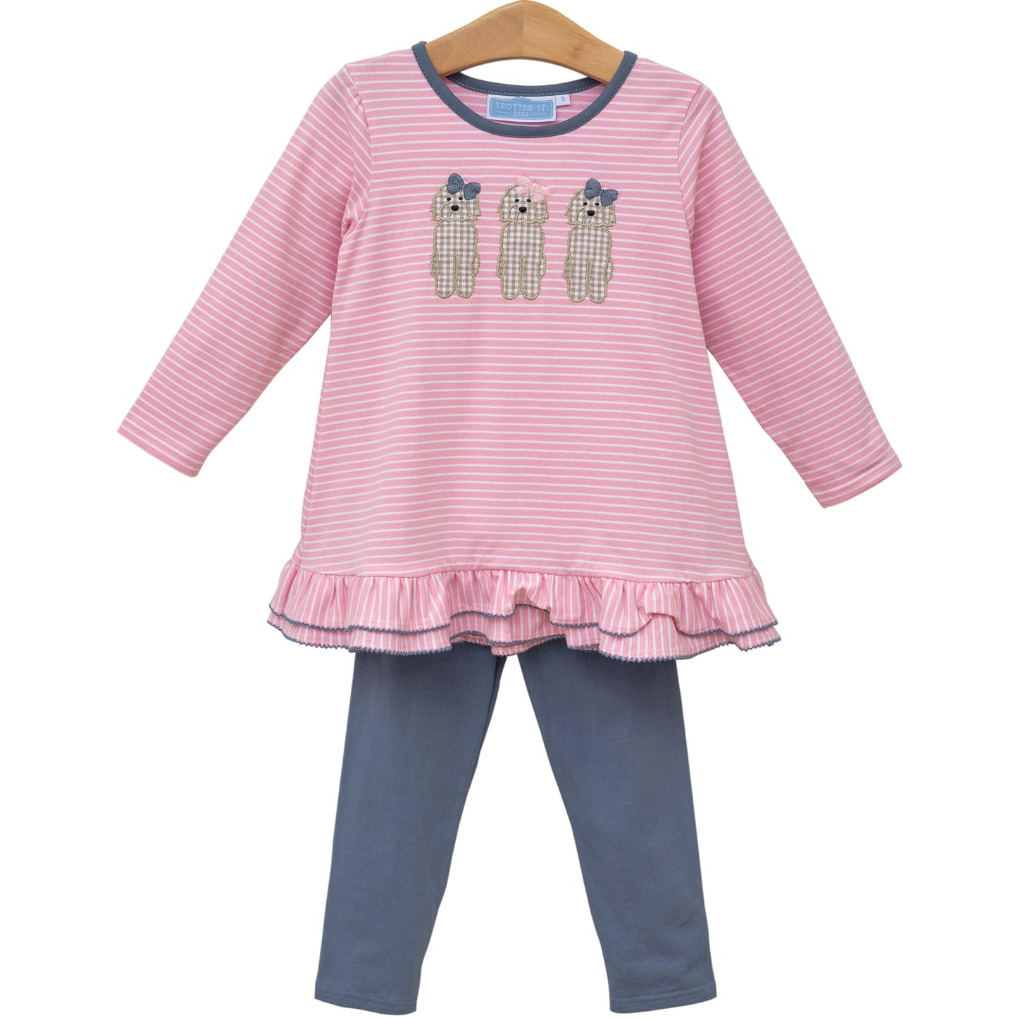 Puppy Dog Applique Girls Ruffle Tunic & Blue Leggings Set