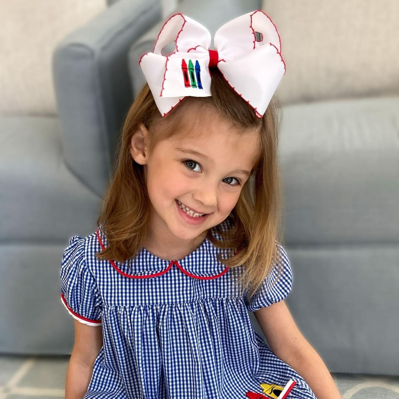 Crayons Embroidery Grosgrain Hair Bow with Red Moonstitch Edge