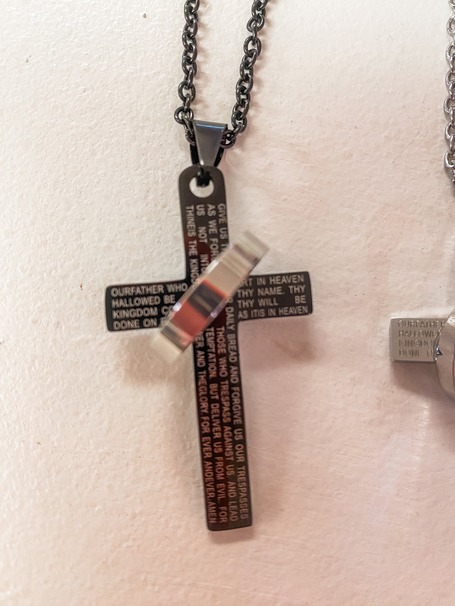 Stainless Steel Lord’s Prayer Cross Necklace with Spinner Ring – Black or Silver