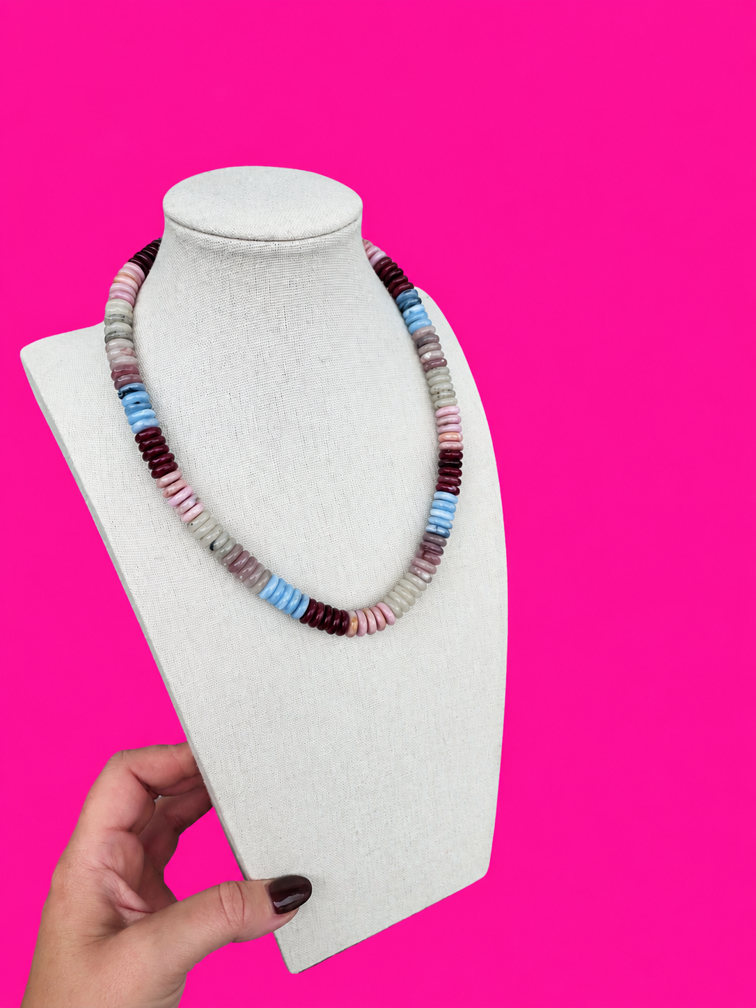 Statement Beaded Necklace - Pink, Blue, Grey