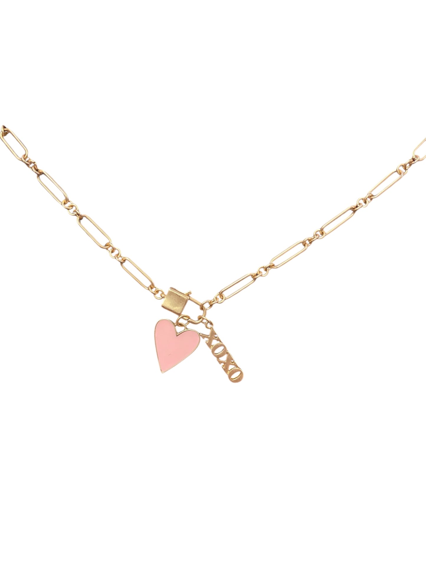 Kids 14" Gold Lobster Claw, XOXO Pink Heart, Gold Hammered Necklace