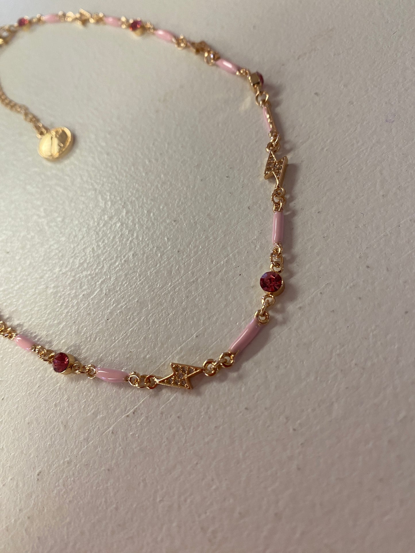 Kids Mini Pink Enamel Bars, Crystal Lightening Bolt Links Necklace