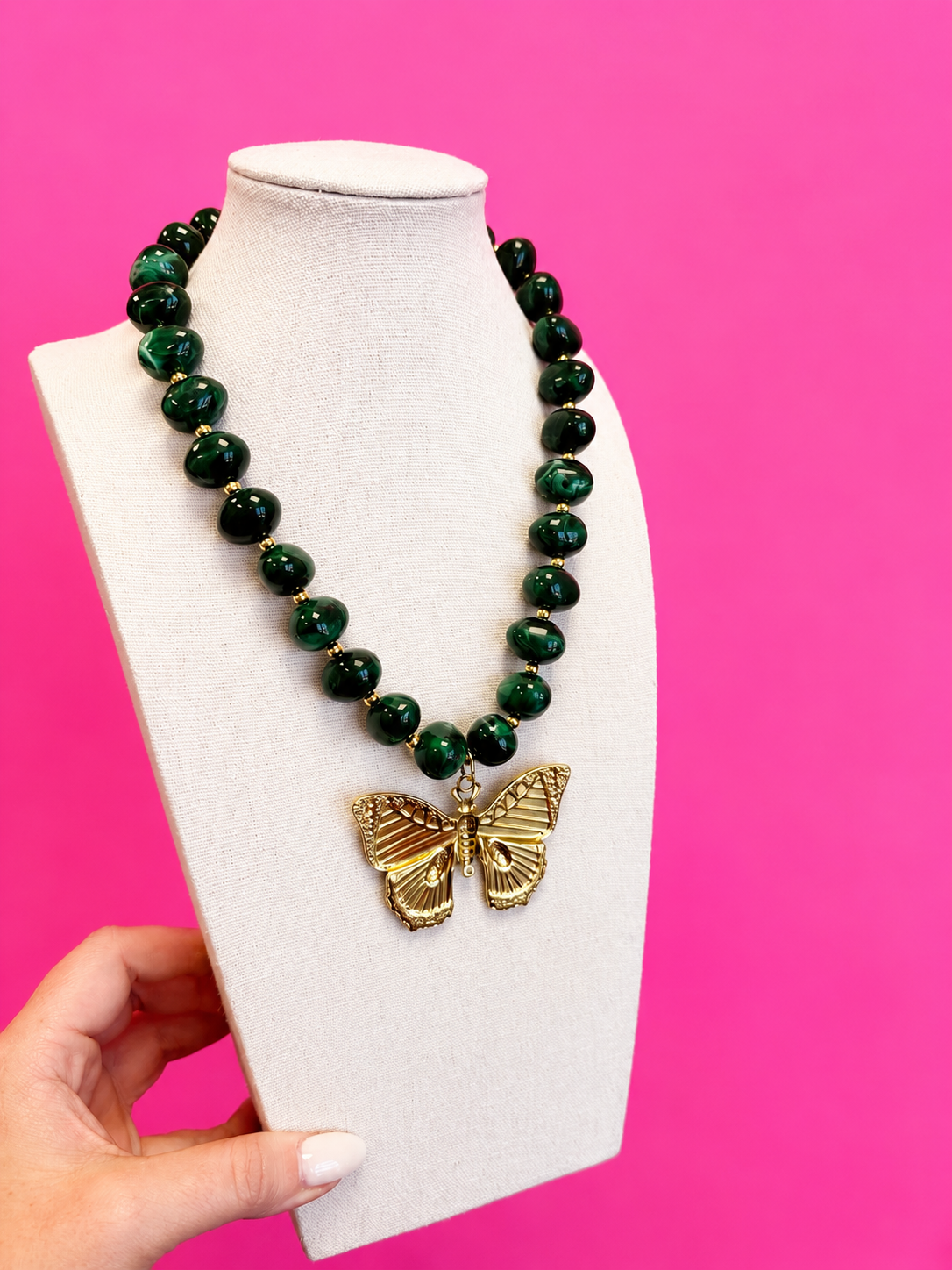 Bauble Bead Necklace - Green - Butterfly