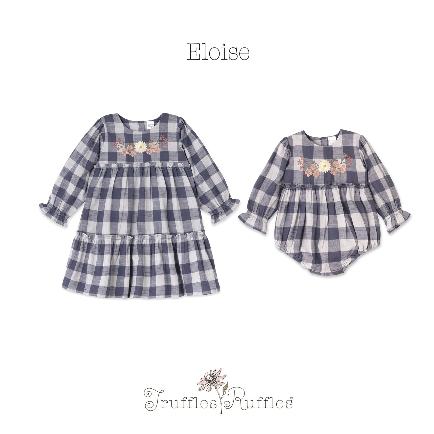 Buffalo Check Girls Cotton Dress with Floral Embroidery & Ruffles