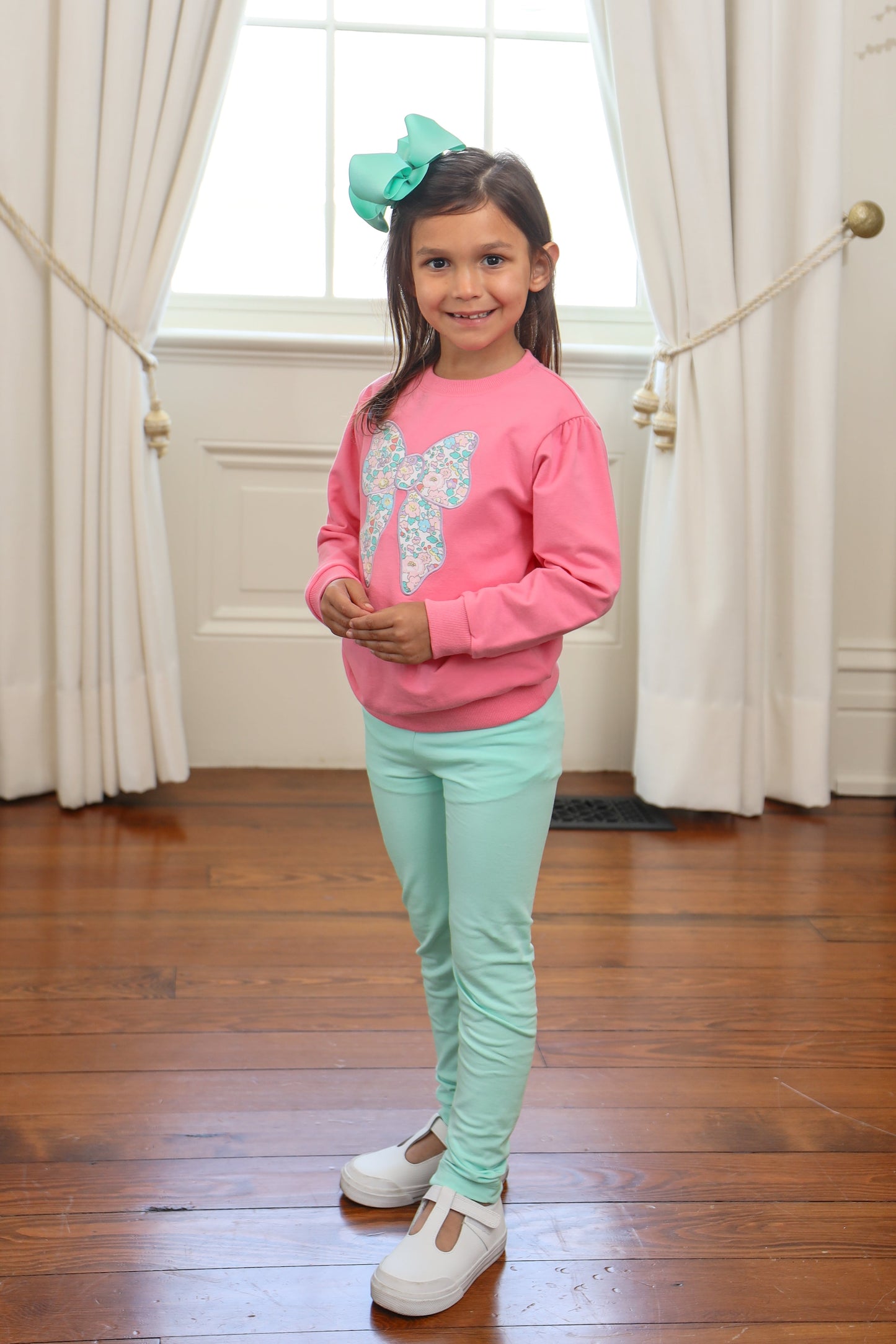 French Terry Pullover with Floral Bow Appliqué