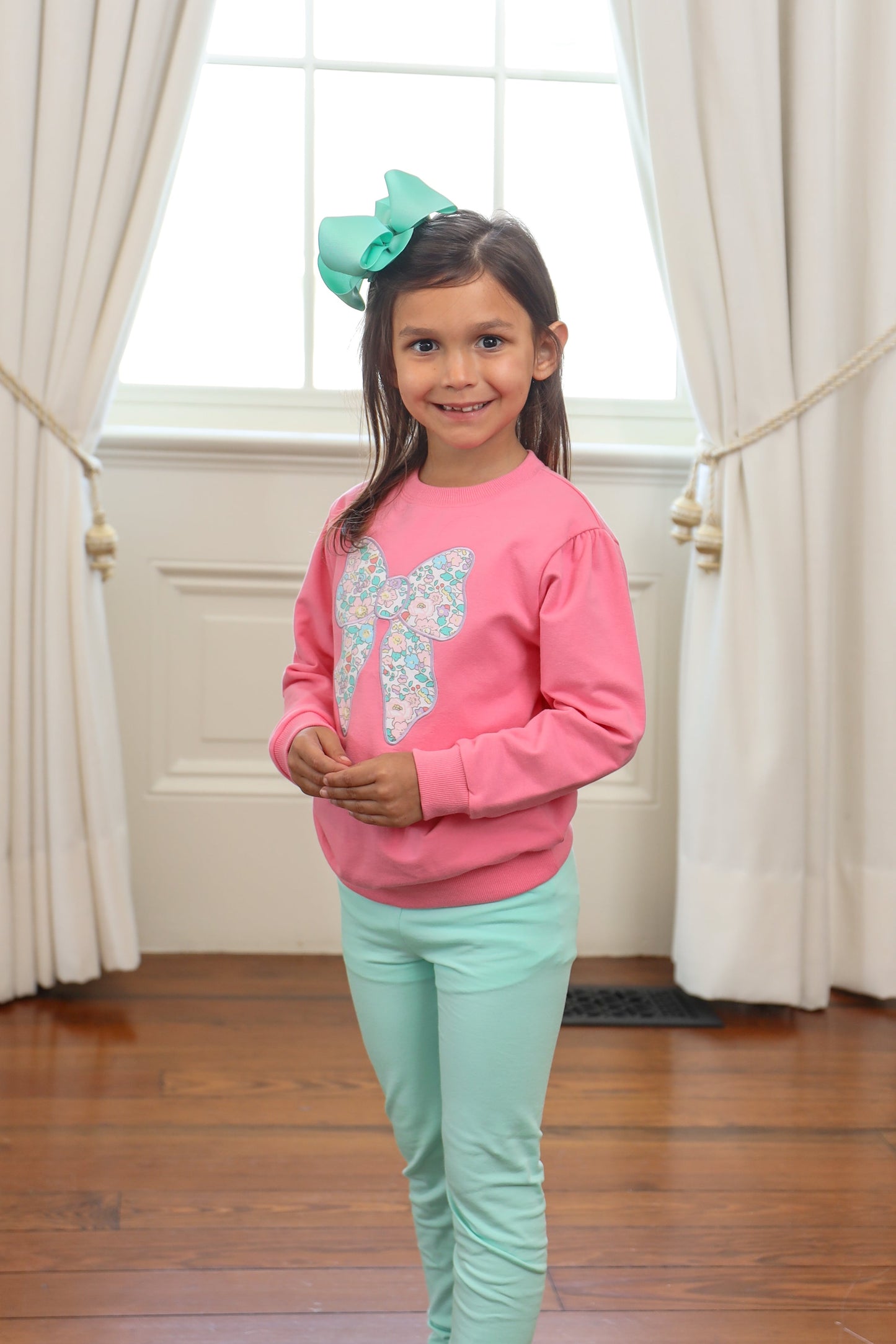 French Terry Pullover with Floral Bow Appliqué
