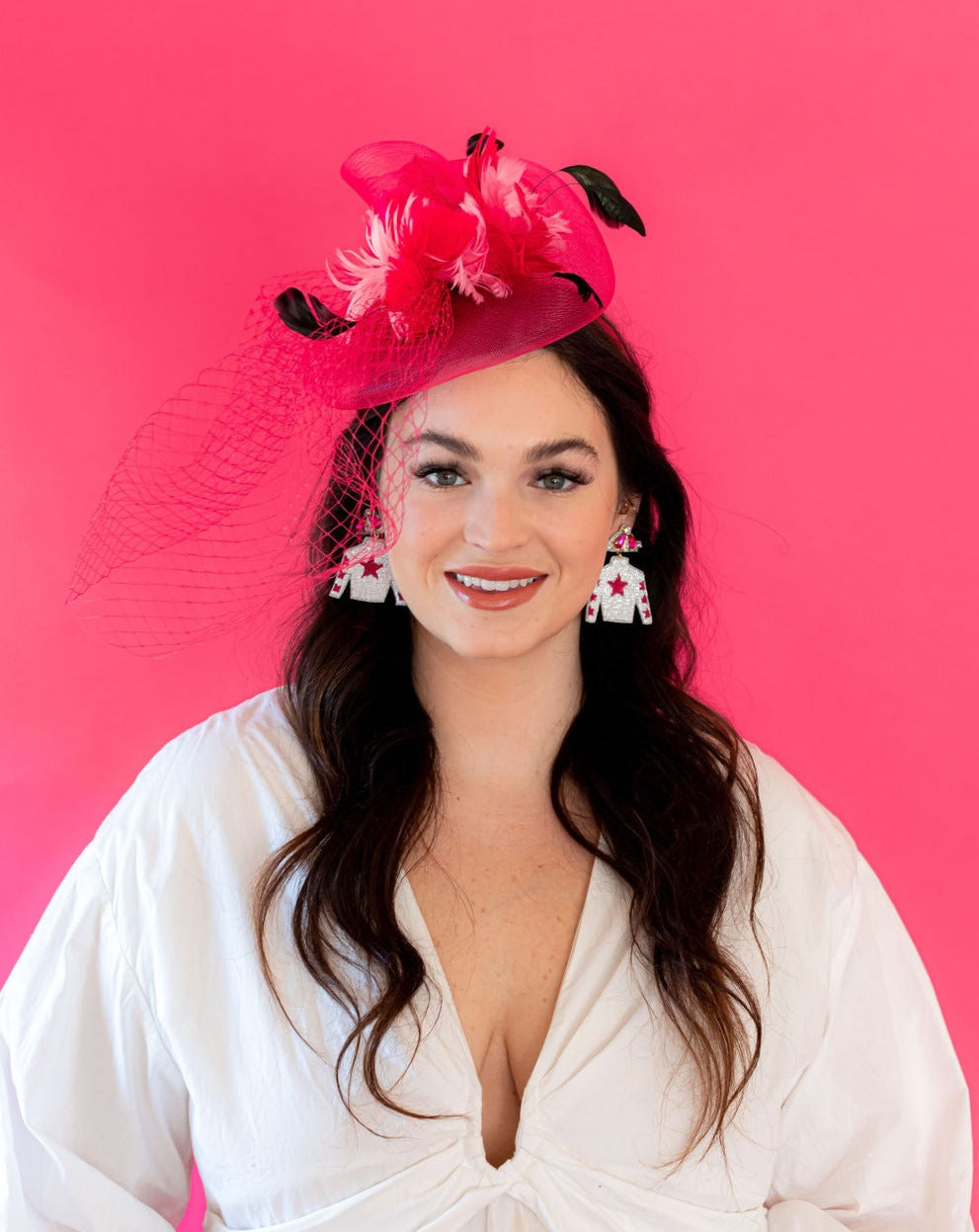 Derby Jersey Silk Earrings- White with Pink Star