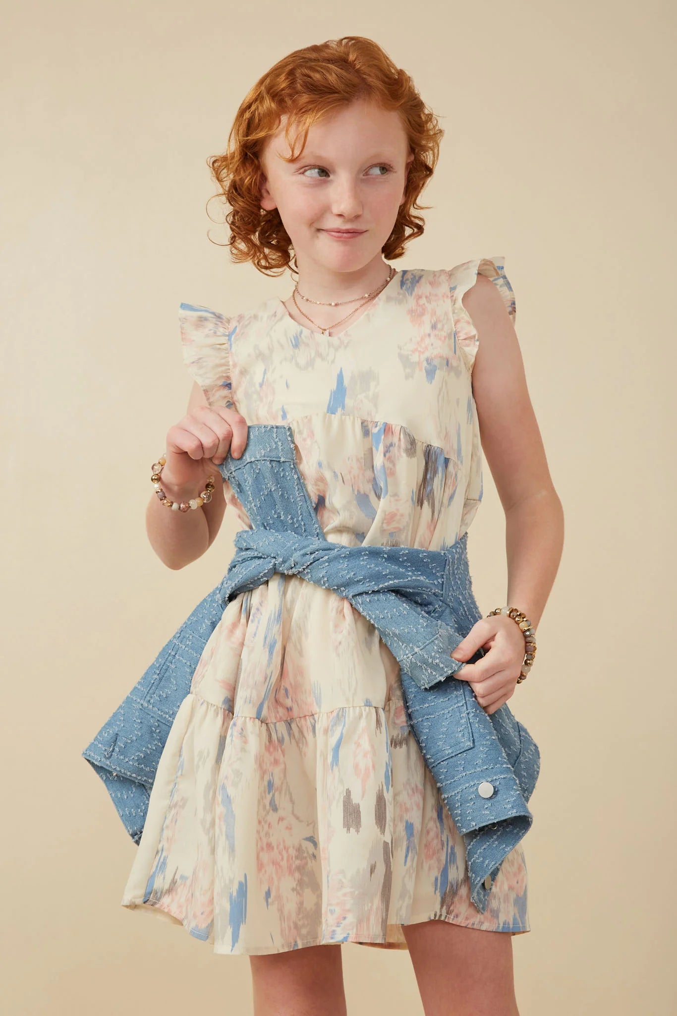 Girls Watercolor V-Neck Tiered Ruffled Dress