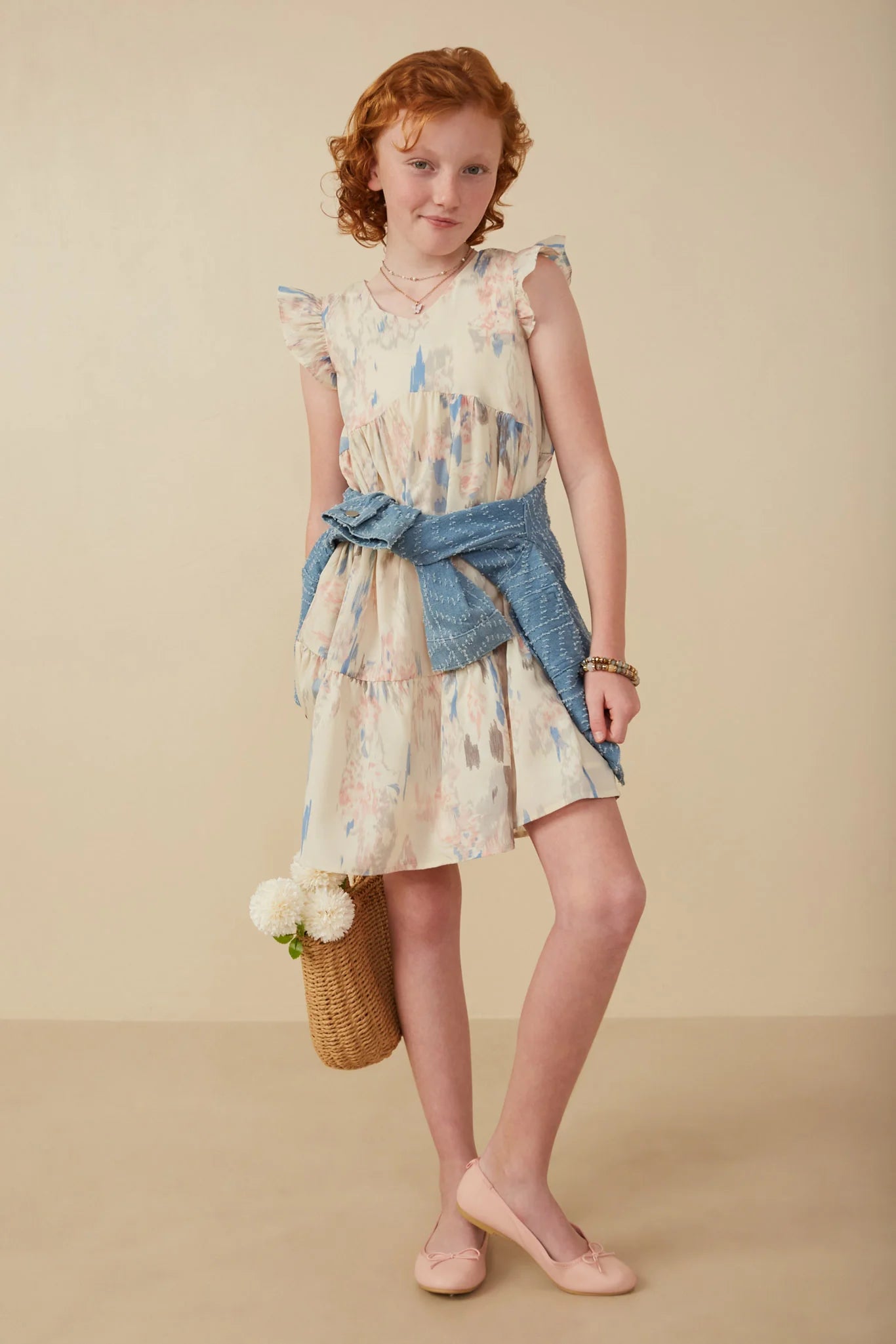 Girls Watercolor V-Neck Tiered Ruffled Dress