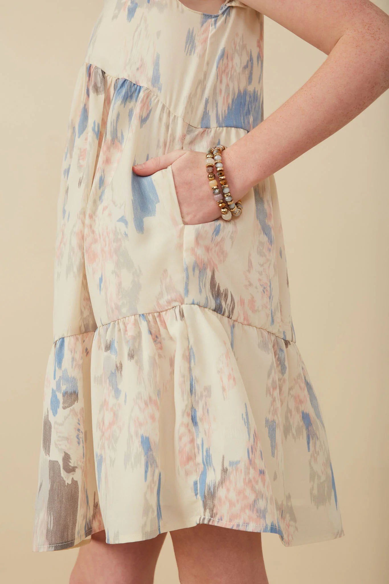 Girls Watercolor V-Neck Tiered Ruffled Dress