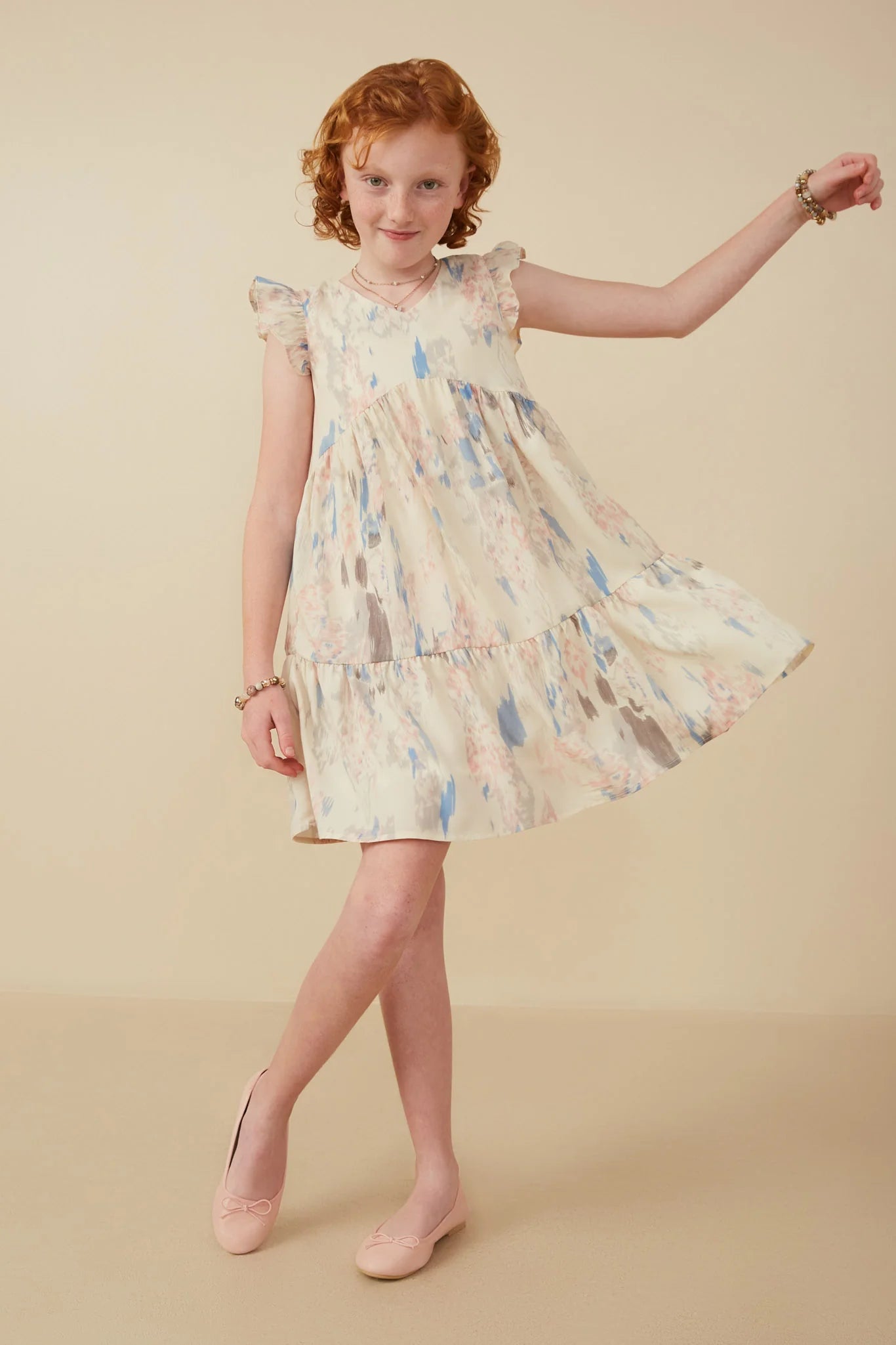 Girls Watercolor V-Neck Tiered Ruffled Dress