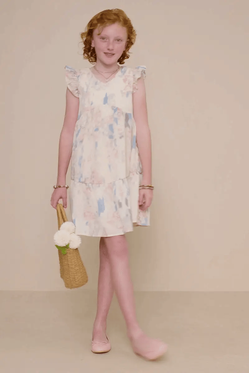 Girls Watercolor V-Neck Tiered Ruffled Dress