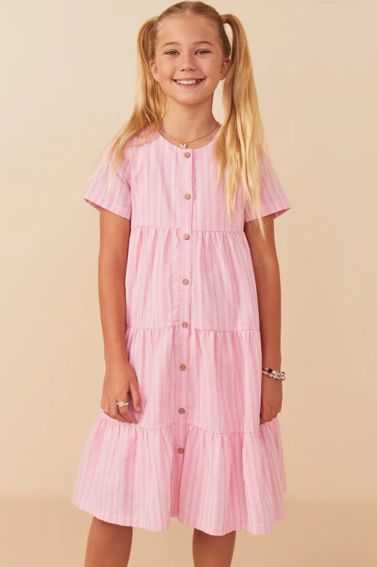 Girls Striped Seersucker Textured Button Up Dress