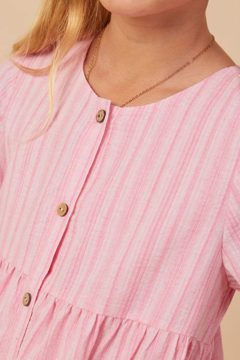Girls Striped Seersucker Textured Button Up Dress