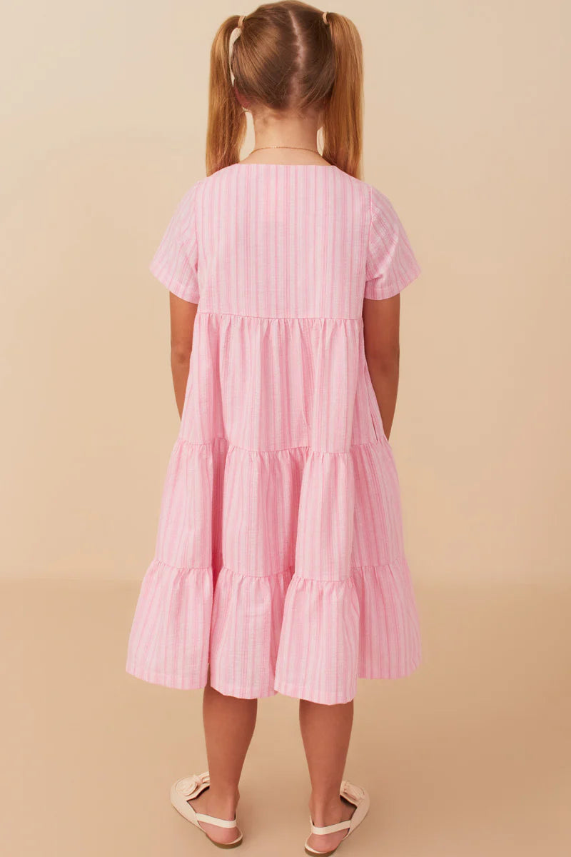 Girls Striped Seersucker Textured Button Up Dress