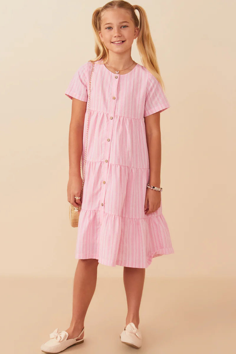 Girls Striped Seersucker Textured Button Up Dress