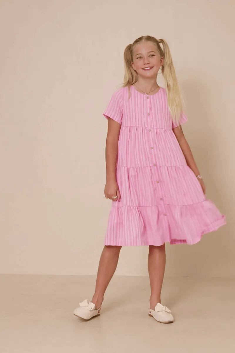 Girls Striped Seersucker Textured Button Up Dress