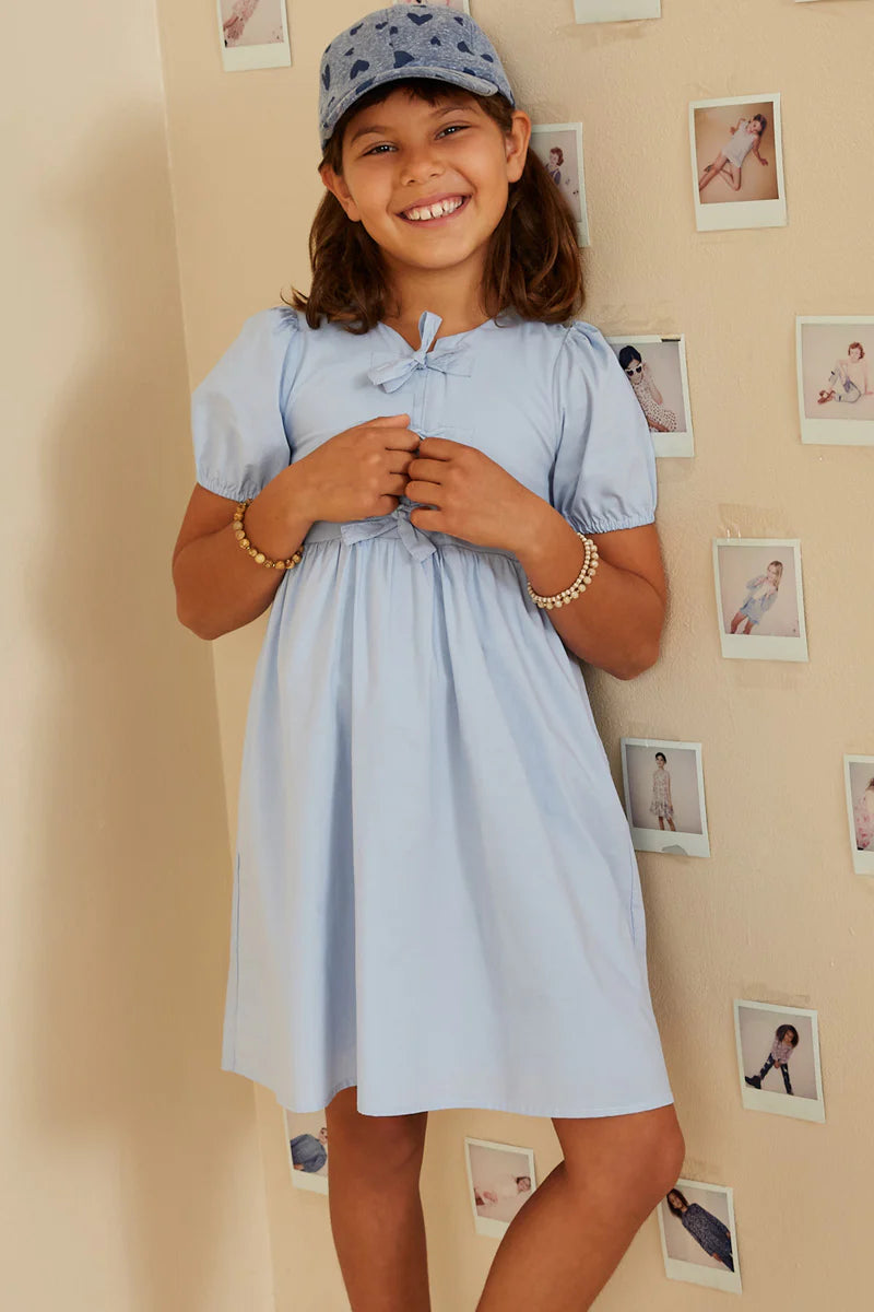 Girls Ribbon Detailed Puff Sleeve Dress