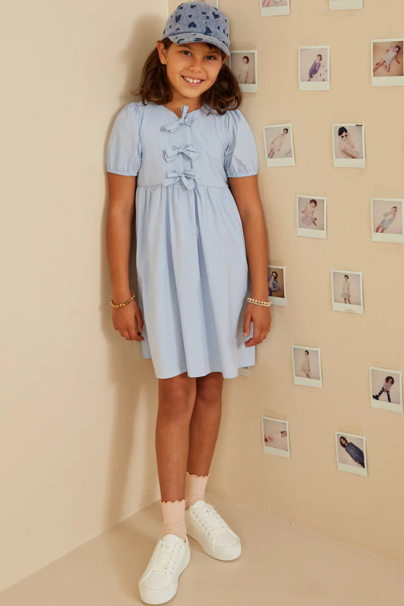 Girls Ribbon Detailed Puff Sleeve Dress