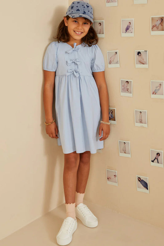 Girls Ribbon Detailed Puff Sleeve Dress
