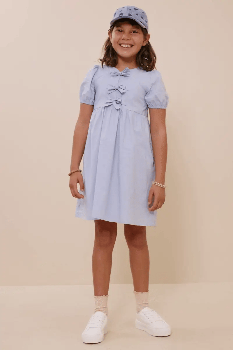 Girls Ribbon Detailed Puff Sleeve Dress