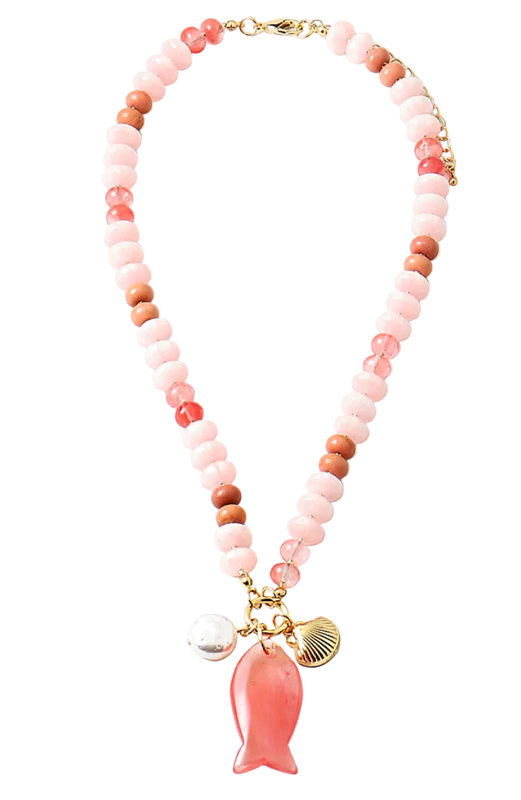 Gemstone with Fish Charm Necklace - Pink