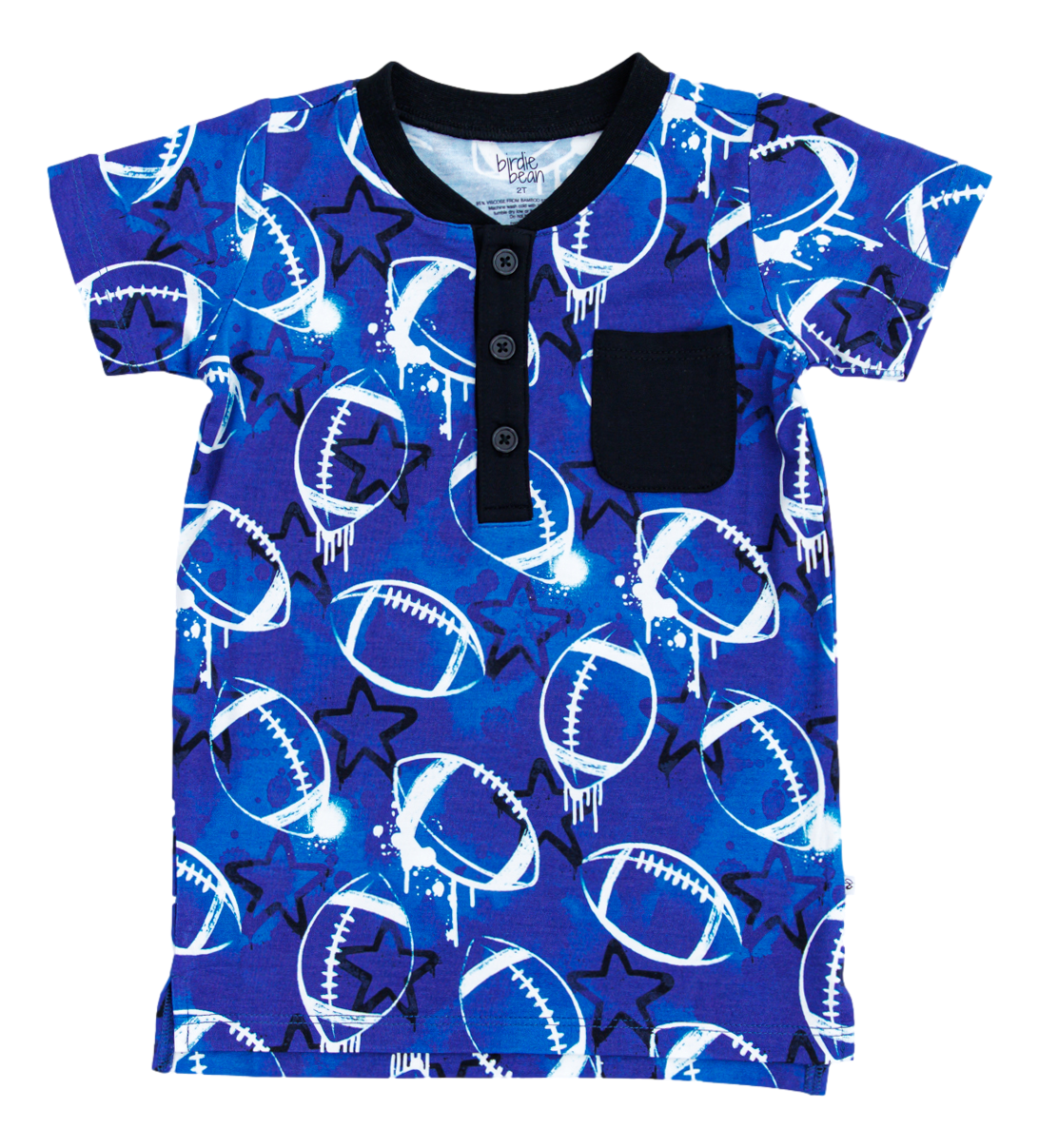 Graffiti Football Henley T-Shirt : BLUE AND WHITE WITH STARS