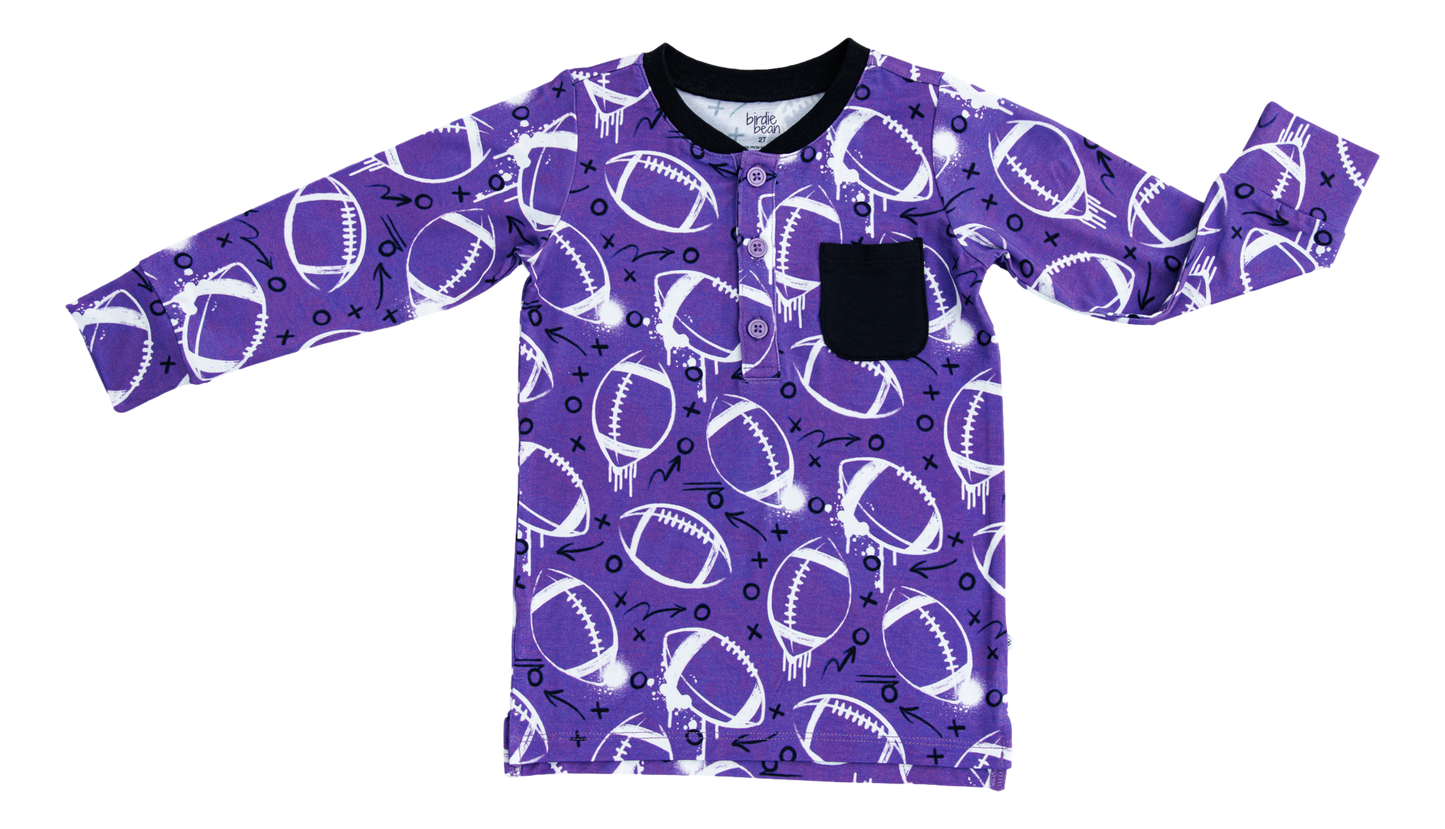 Graffiti Football Henley T-Shirt : PURPLE AND WHITE