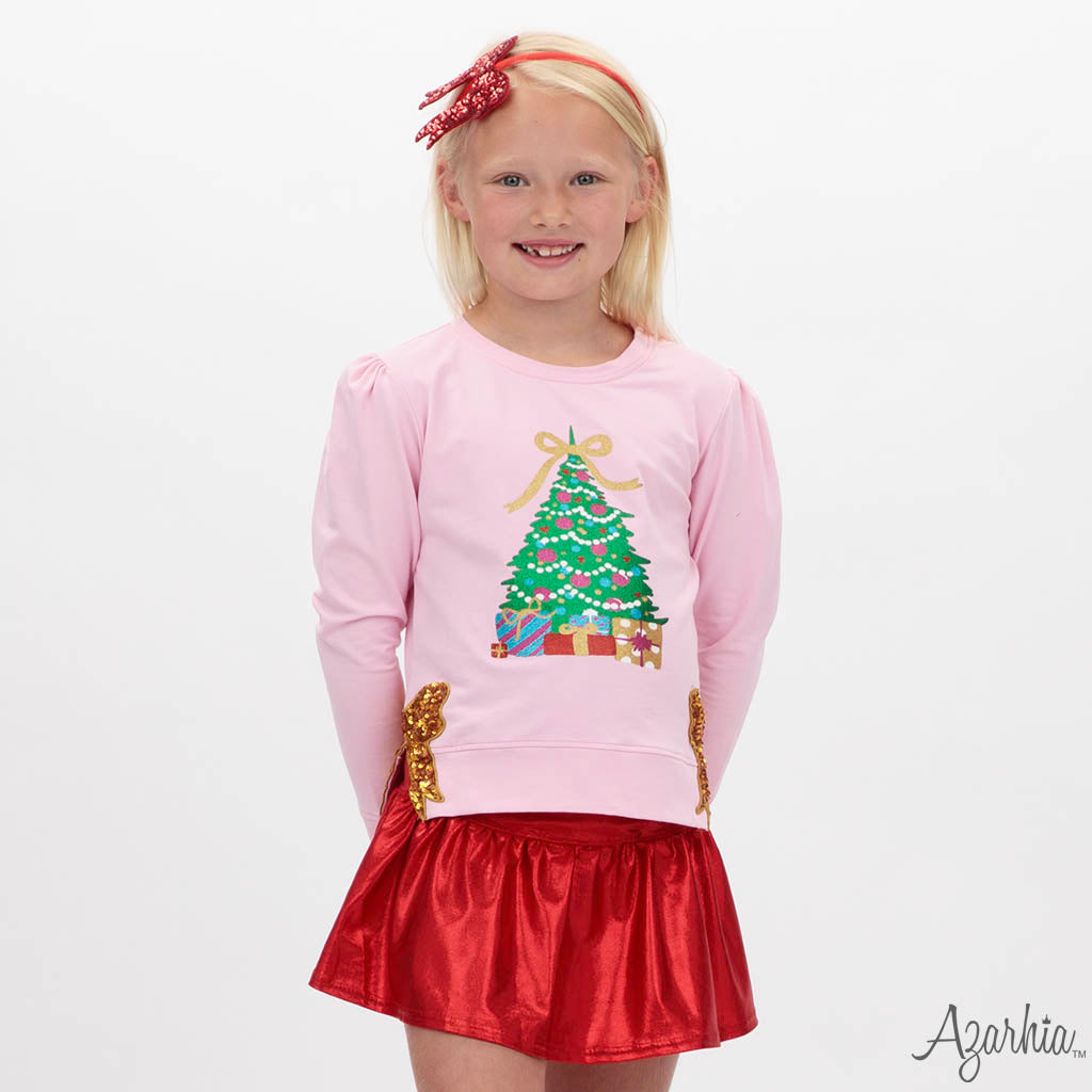 Glitter Christmas Tree Sweatshirt – Pink Holiday Top with Gold Bows