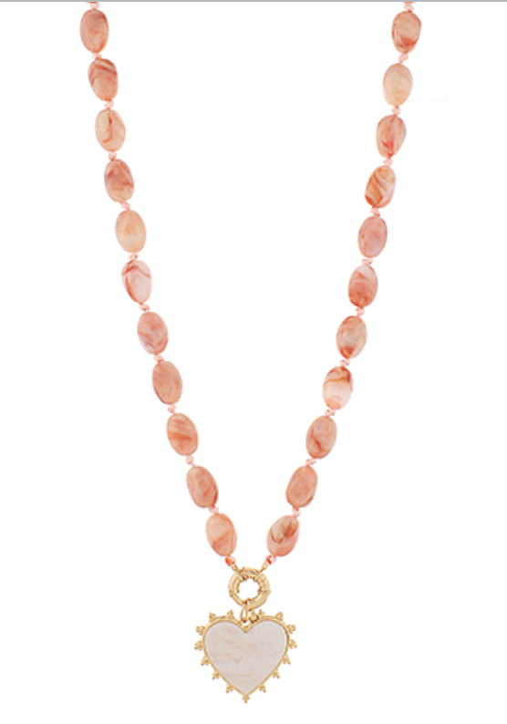 Heart and Marble Stone Beaded Necklace - Rose pink