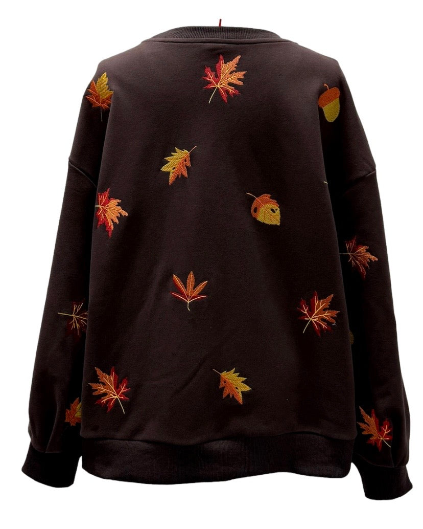 Queen of Sparkles Brown Sequin Turkey & Fall Leaves Thanksgiving Sweatshirt
