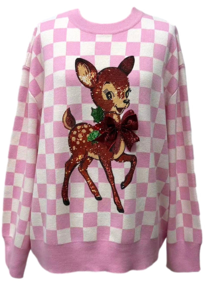 Queen of Sparkles Pink & White Checkered Sequin Reindeer Christmas Sweater