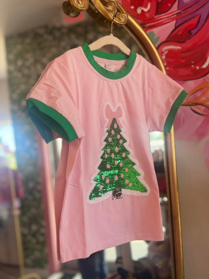Christmas Tree Bow Tee – Girls Pink & Green Holiday Top