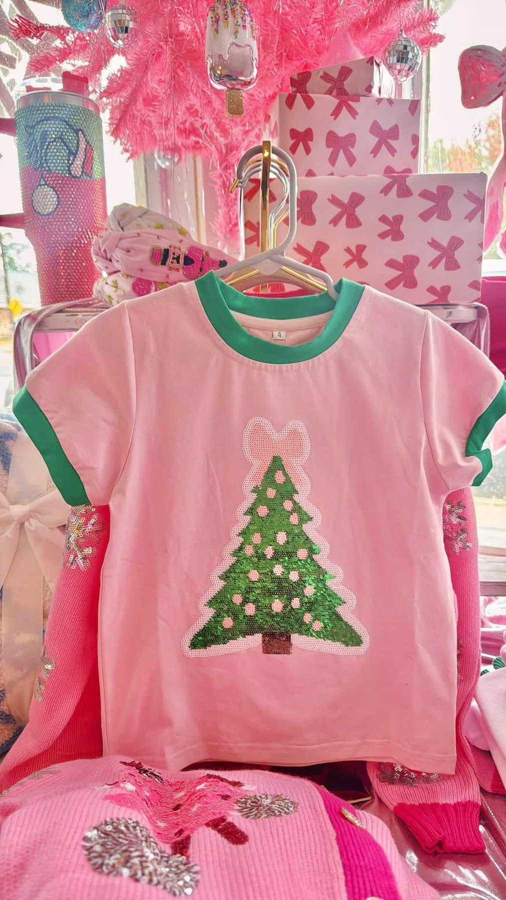 Christmas Tree Bow Tee – Girls Pink & Green Holiday Top