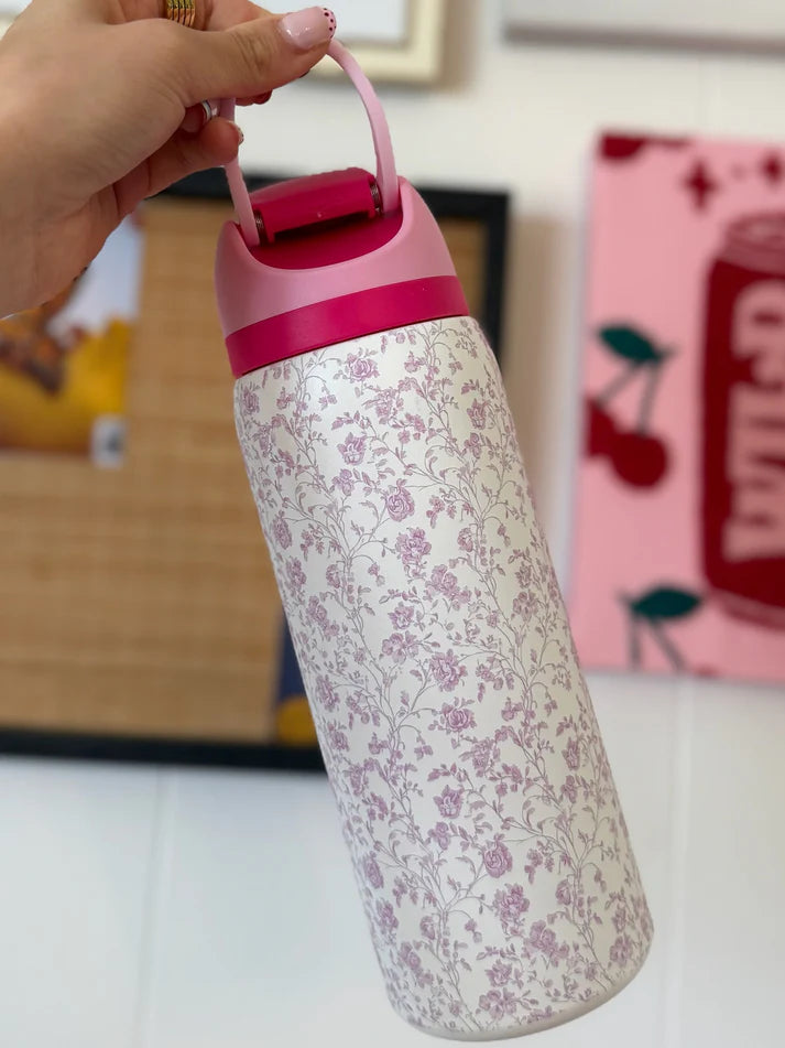32 oz Insulated Stainless Steel Water Bottle with Flip Straw Lid | Floral & Bow Designs | Leak-Resistant | The Prissy Pelican Boutique | Bossier City, LA
