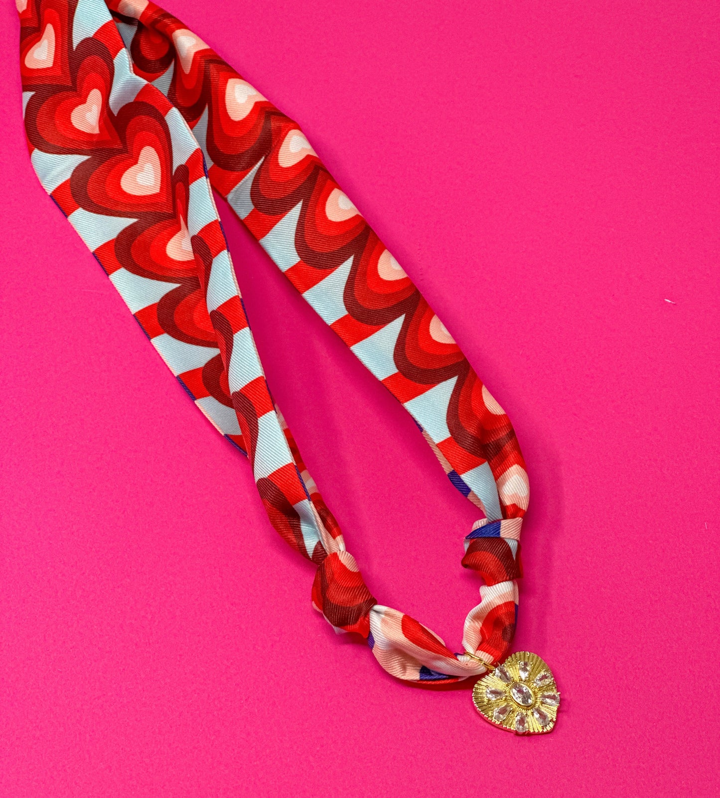Scarf Charm Necklace - Red and Blue Heart Print with Small Rhinestone Heart Pendant