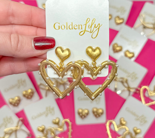 Gold with Pearl Heart Dangle Earrings