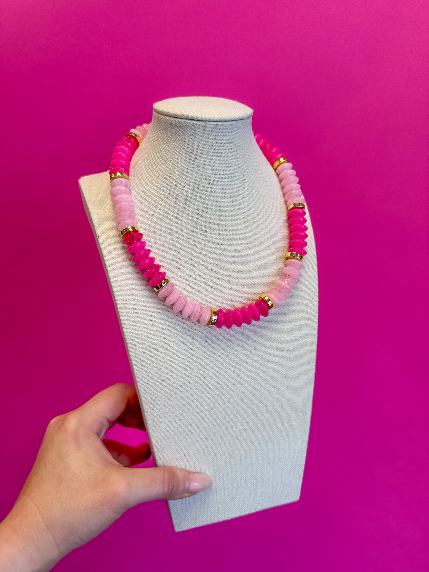 Colorful Chunky Bead with Gold Bead Necklace - Pink
