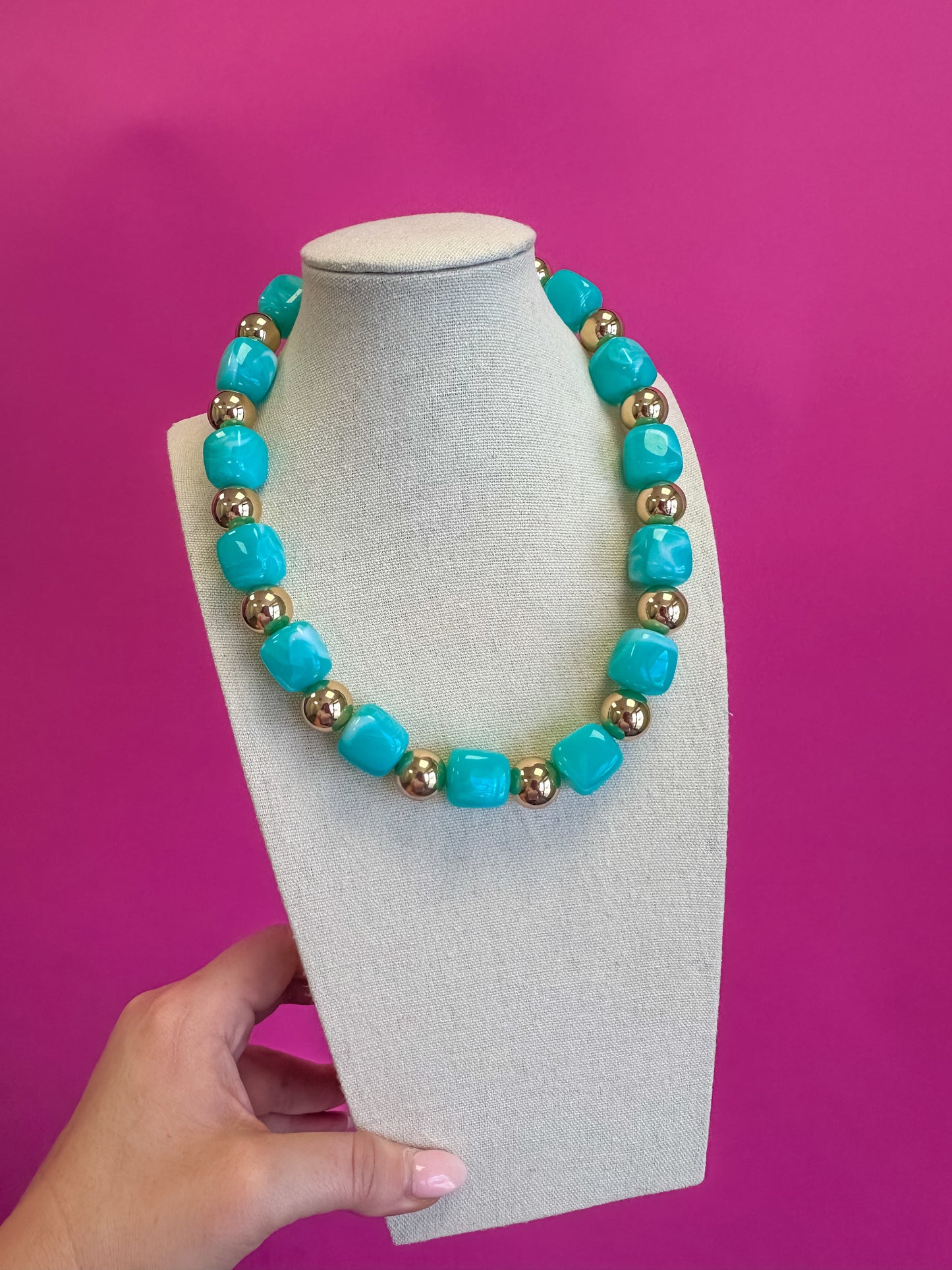 Statement Bead Necklace with Mix Gold Bead - Turquoise
