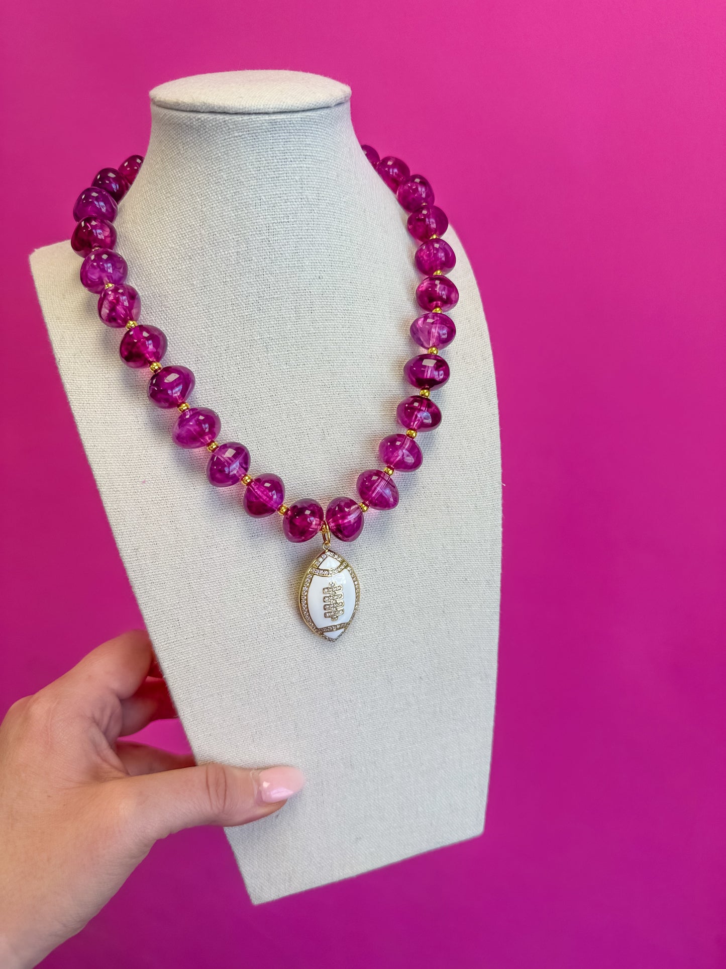Game Day Football Charm Beaded Necklace - Purple and White
