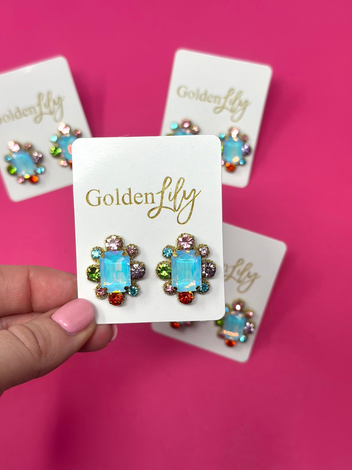 Statement Stud Earrings - Iridescent Blue with Multi Stones