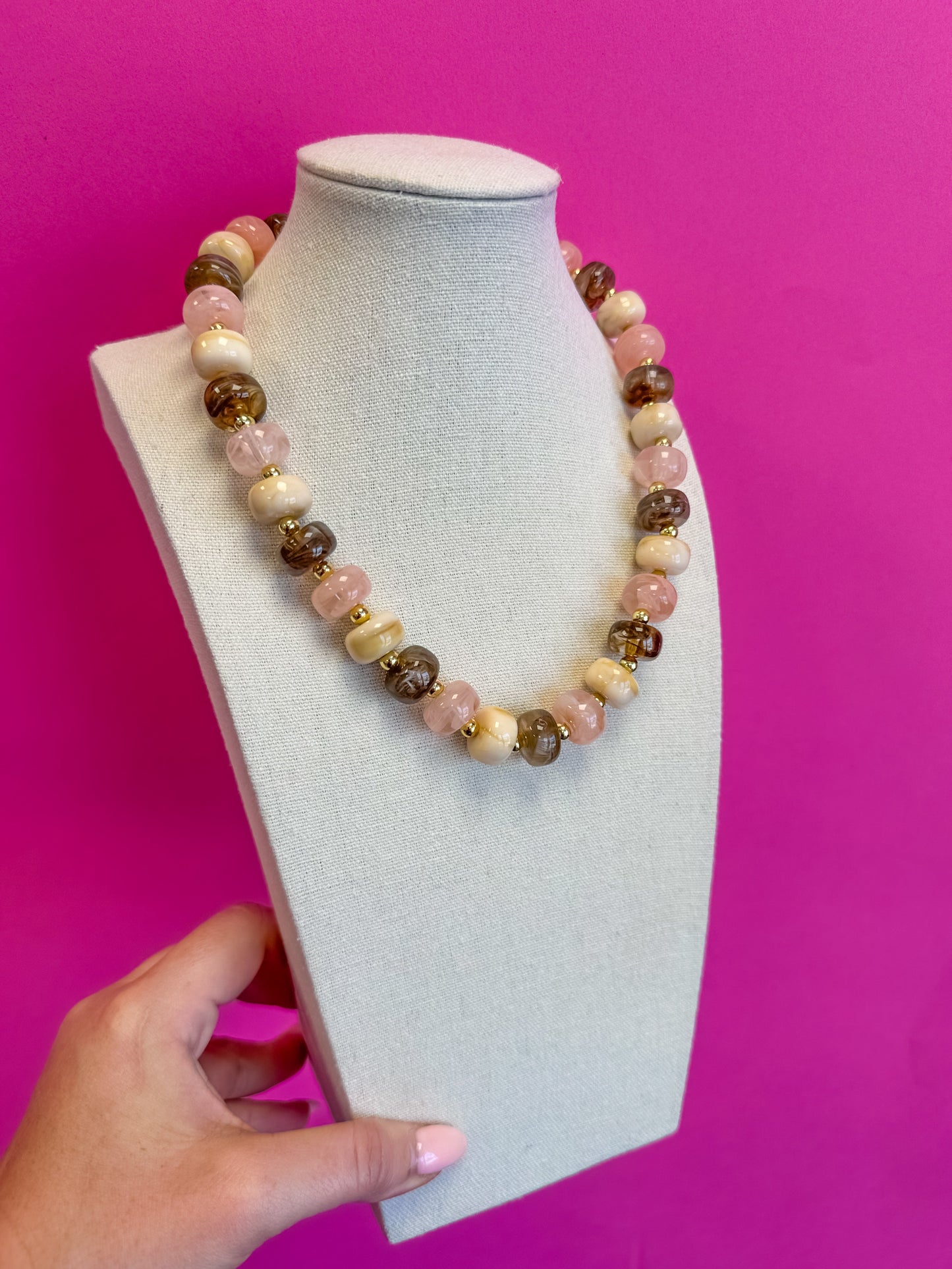 Statement Necklace - Mix Bead - Brown and Pink