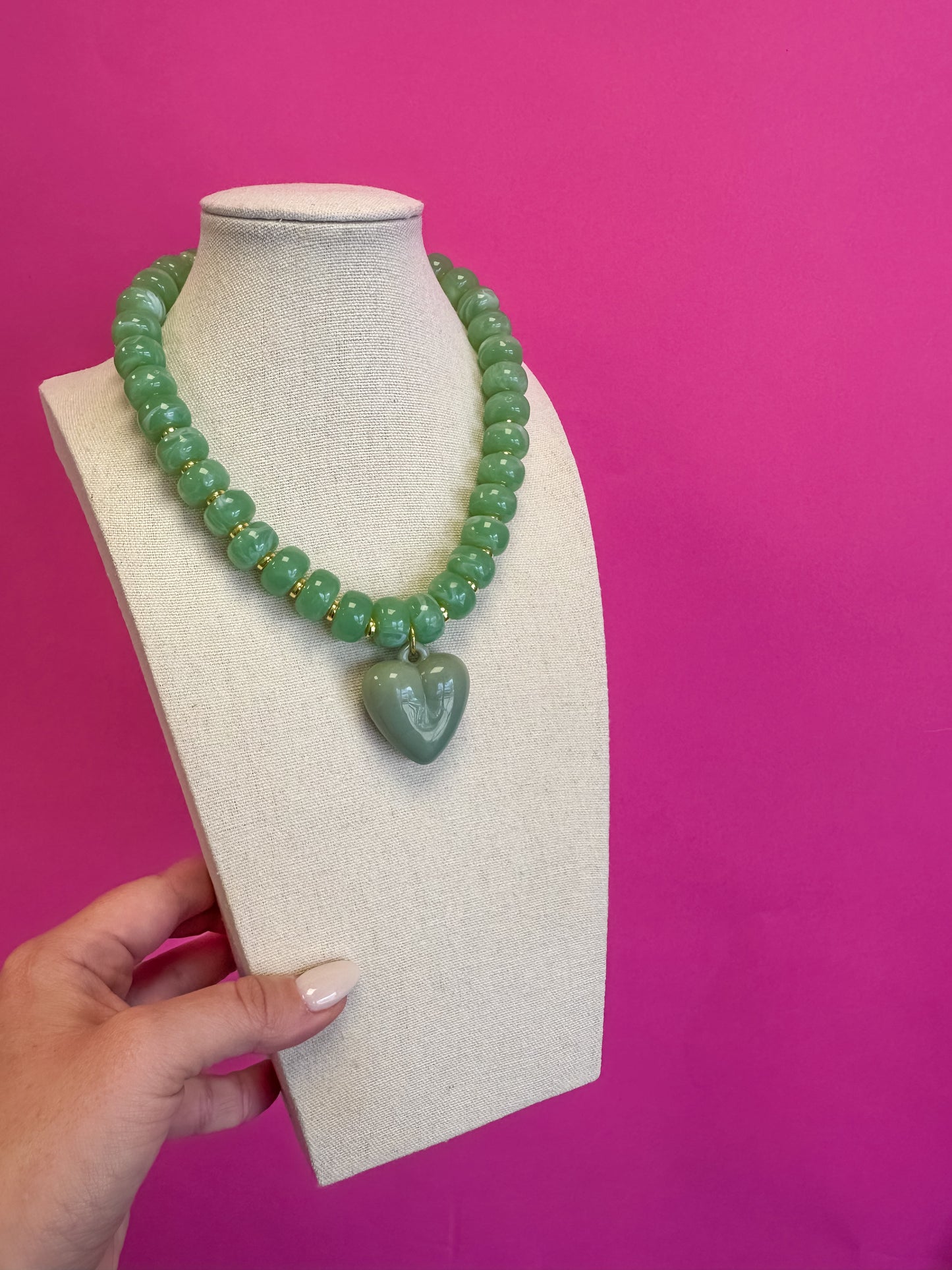 Statement Beaded Heart Necklace - Green