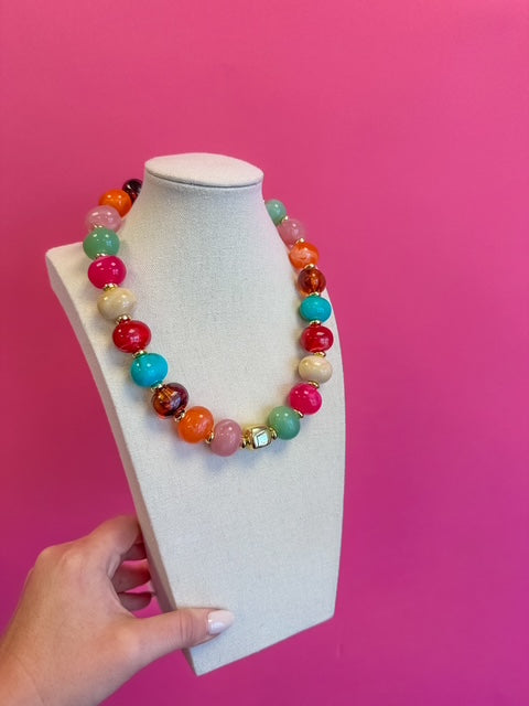 Statement Bead with Gold Center Necklace - Multi
