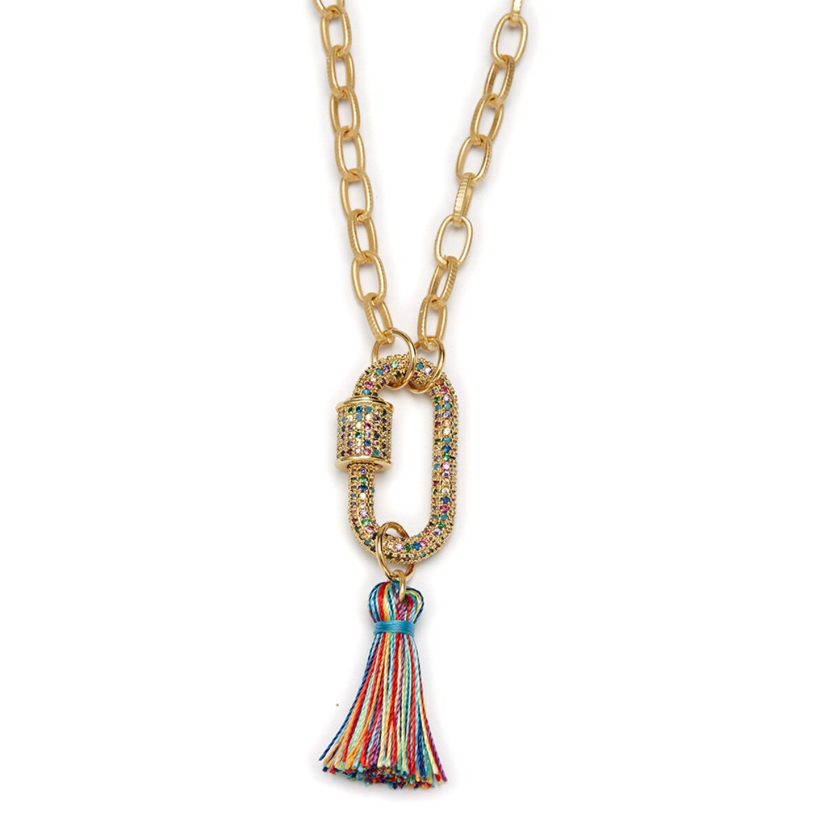 Kids 14" Multi Crystal Oval Carabiner with Multi Tassel Necklace