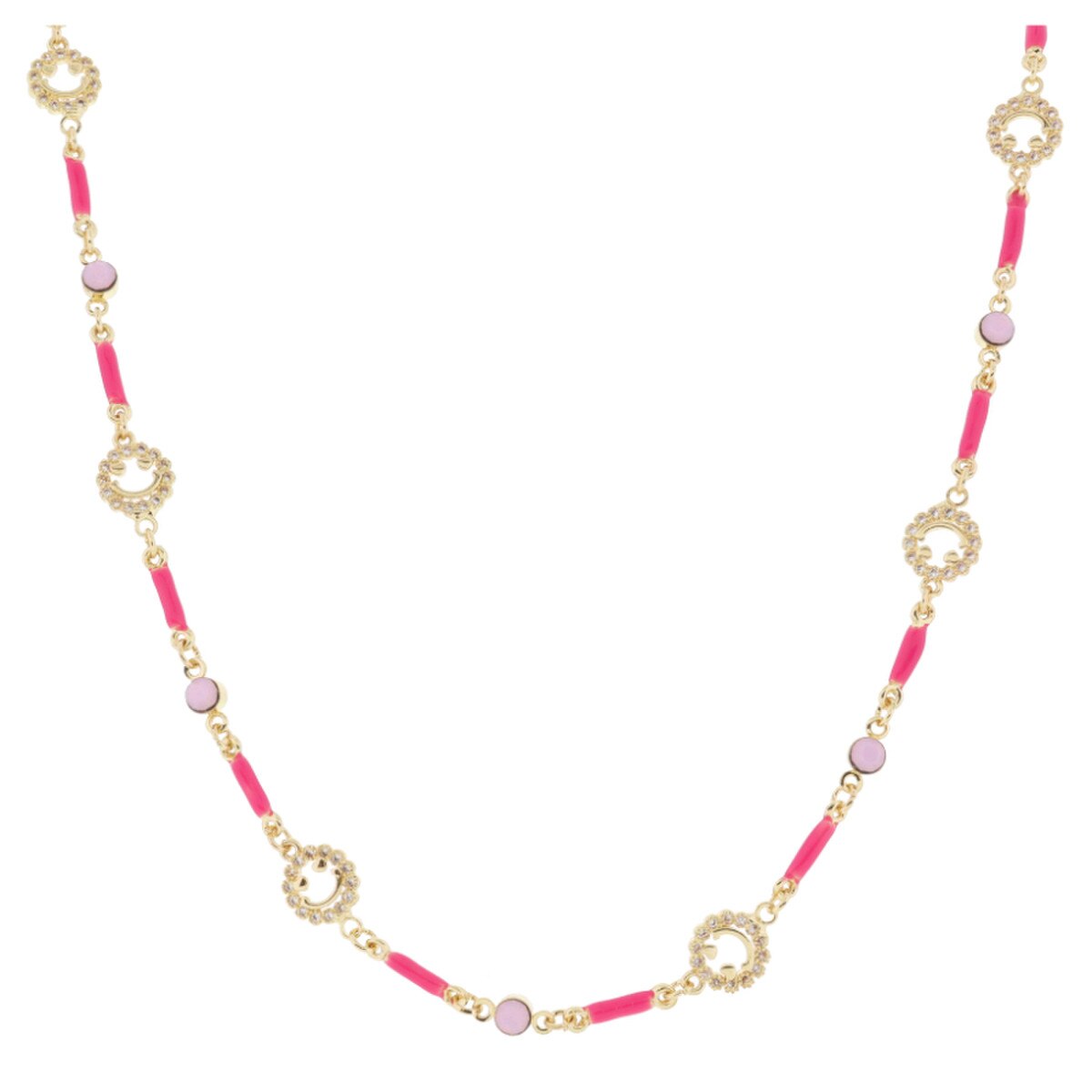 Kids Pink Bars, Pink Moonstone Crystals & Heart Eyed Happy Face Links Necklace
