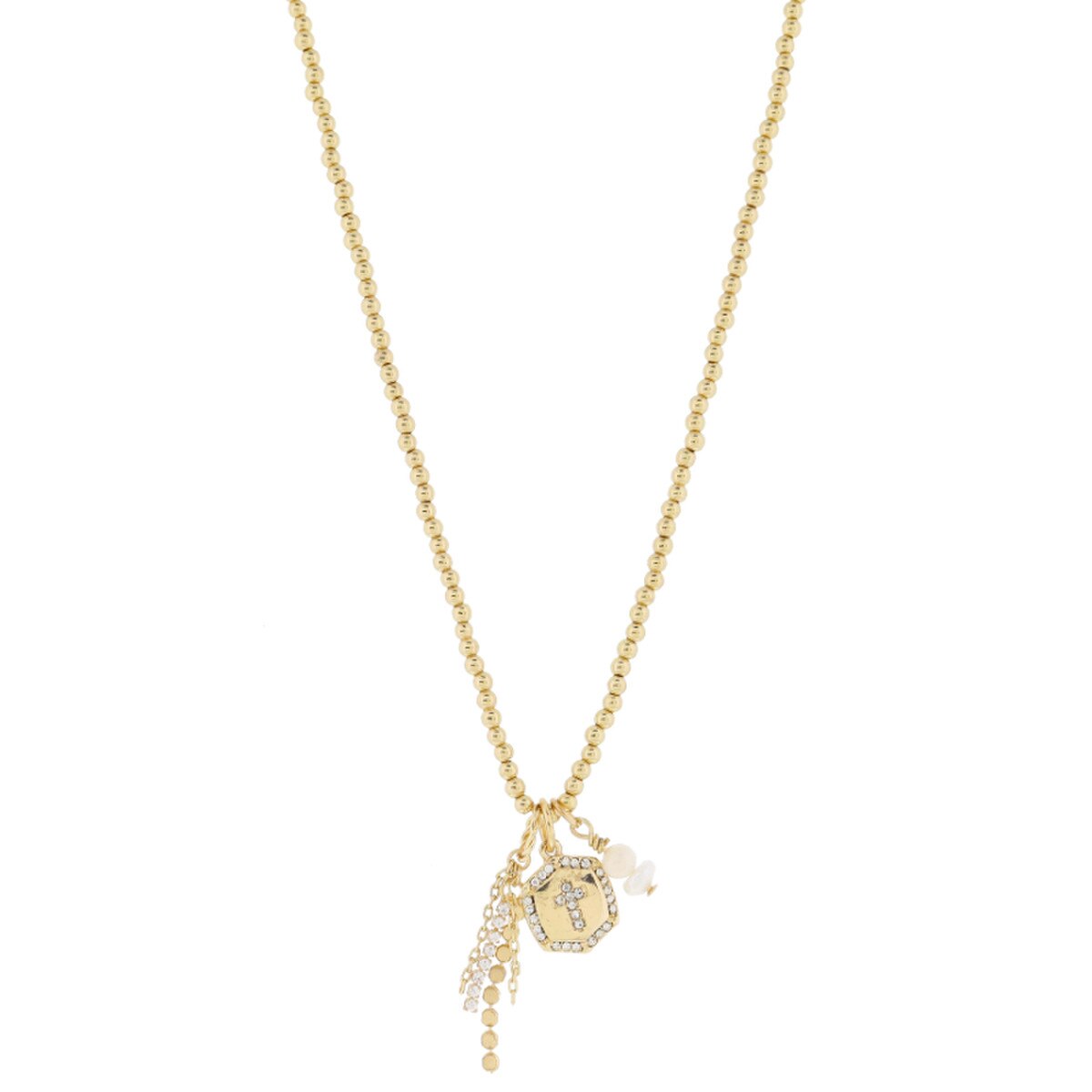 Danica Cross Charm Necklace – Gold Ball Beads, Pearl & Tassel Accents (16")